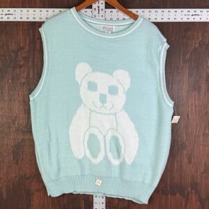 Jane Adams Blue Sweater Vest‎ Teddy Bear Women's XL? 90's Grandma Knit USA READ